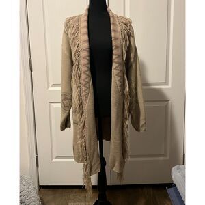 Fringe Knit Cardigan Beige Open Front Long Sleeve Cozy Boho Sweater 18/20W